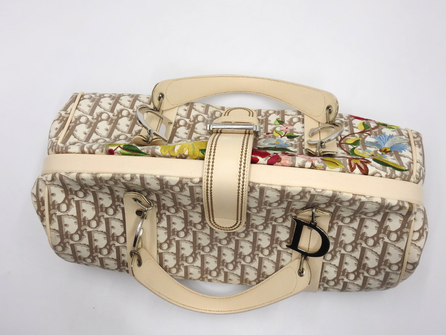 Christian Dior Trotter Embroidered Flower Tote Hand Bag Canvas Beige