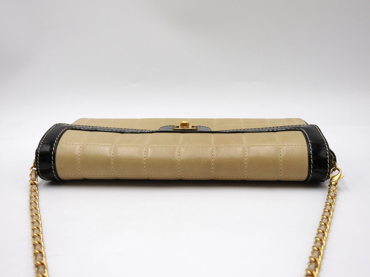 CHANEL Chocolate Bar Chain Shoulder Bag Lambskin Enamel Beige Black A15316
