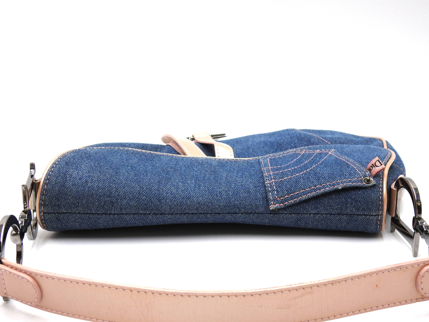 Christian Dior Saddle Bag Shoulder Hand Bag Denim Patent Leather Blue PInk