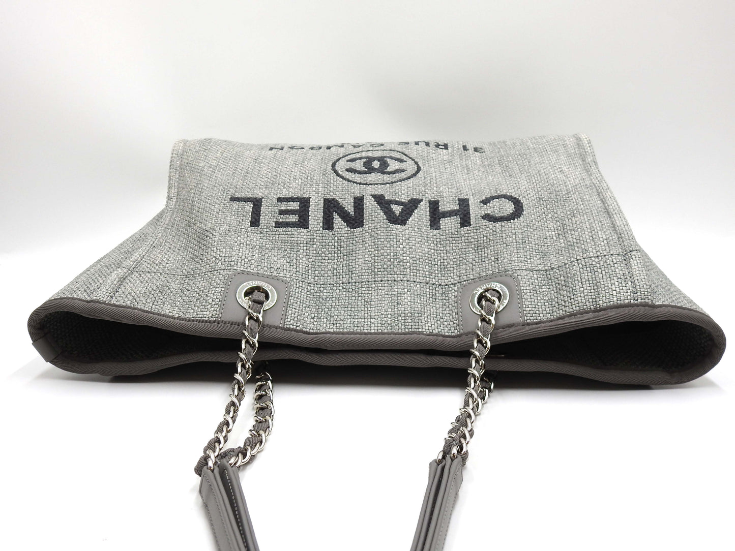 CHANEL Deauville MM Tote Bag Shoulder Bag Straw Canvas Gray Silver A67001