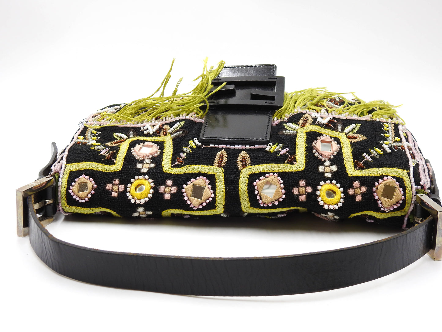 FENDI Mamma Baguette Shoulder Hand Bag Embroidered Beaded Fringe Black