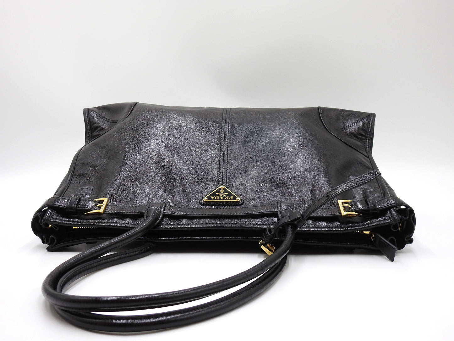 PRADA Bonnie Large 2way Shoulder Hand Bag Leather Black Gold Metal 1BA433