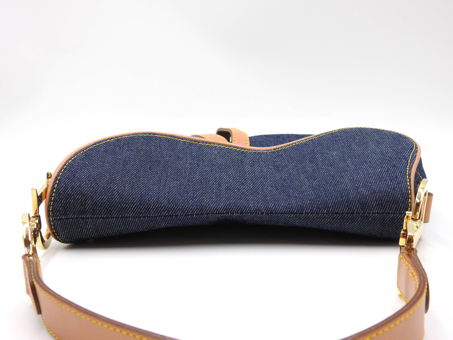 Christian Dior Saddle Bag Shoulder Hand Bag Denim Canvas Leather Navy Gold
