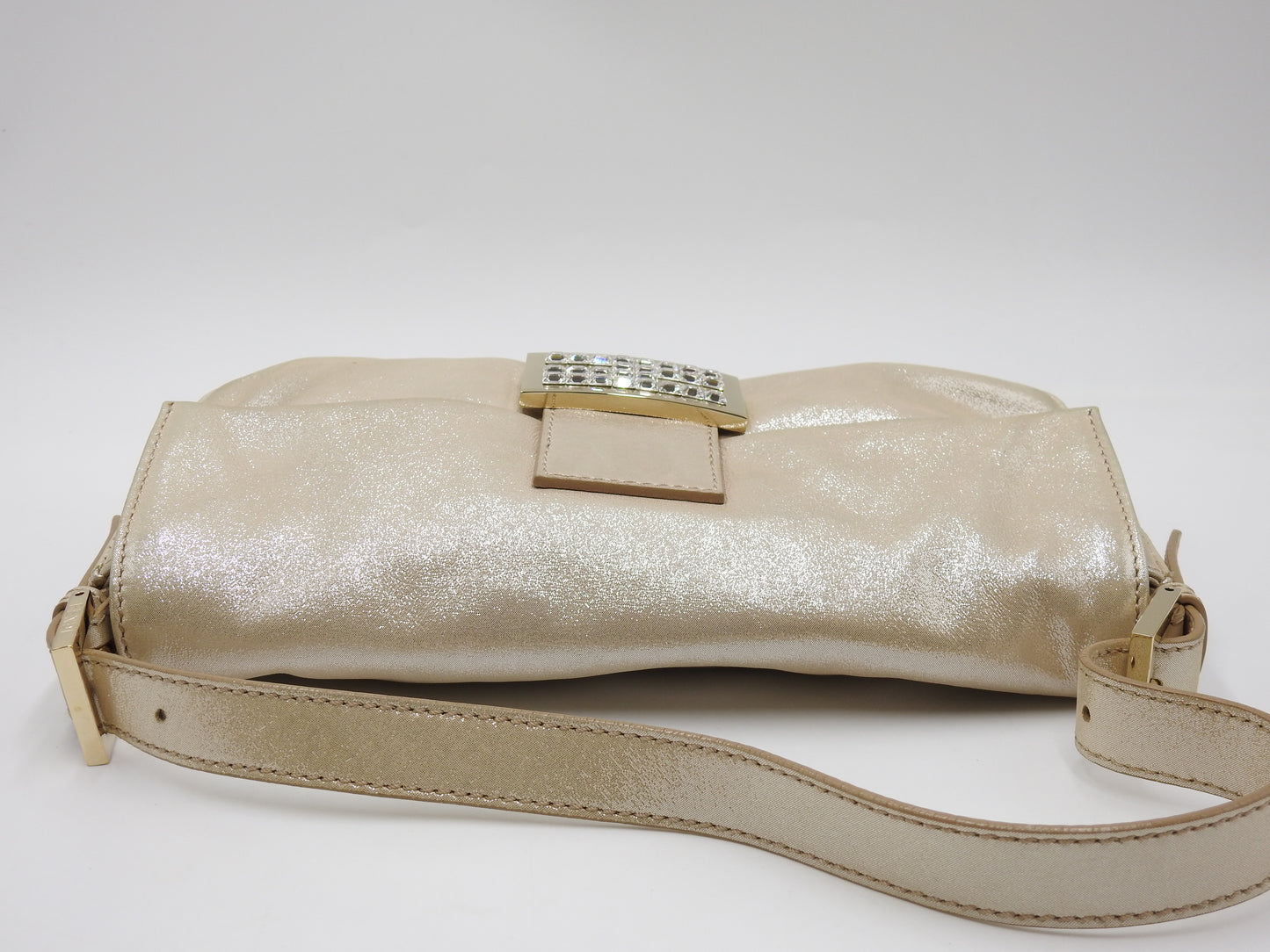 FENDI Crystal Mamma Baguette Shoulder Hand Bag Leather Beige Gold 8BR600