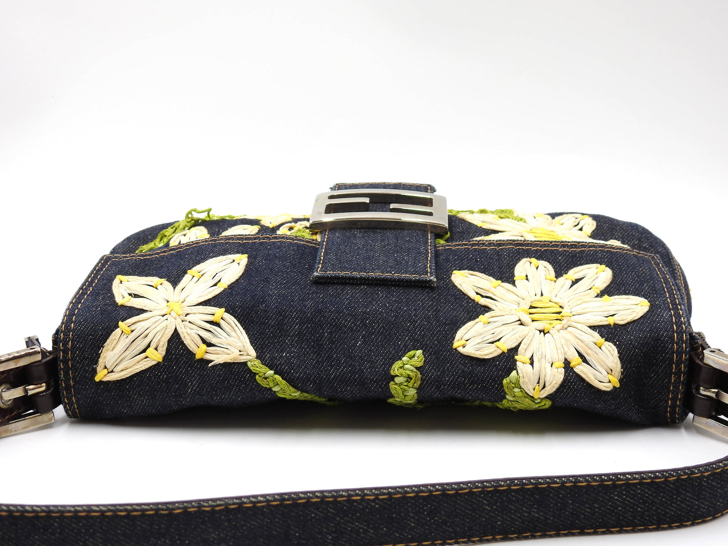 FENDI Denim Mamma Baguette Shoulder Hand Bag Flower Embroidered Navy