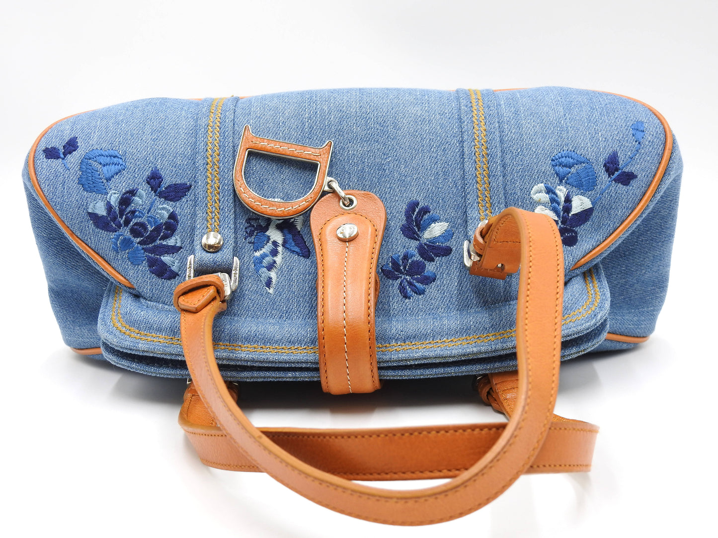 Christian Dior Denim Embroidered Flower Kiss Lock Hand Bag Blue Brown