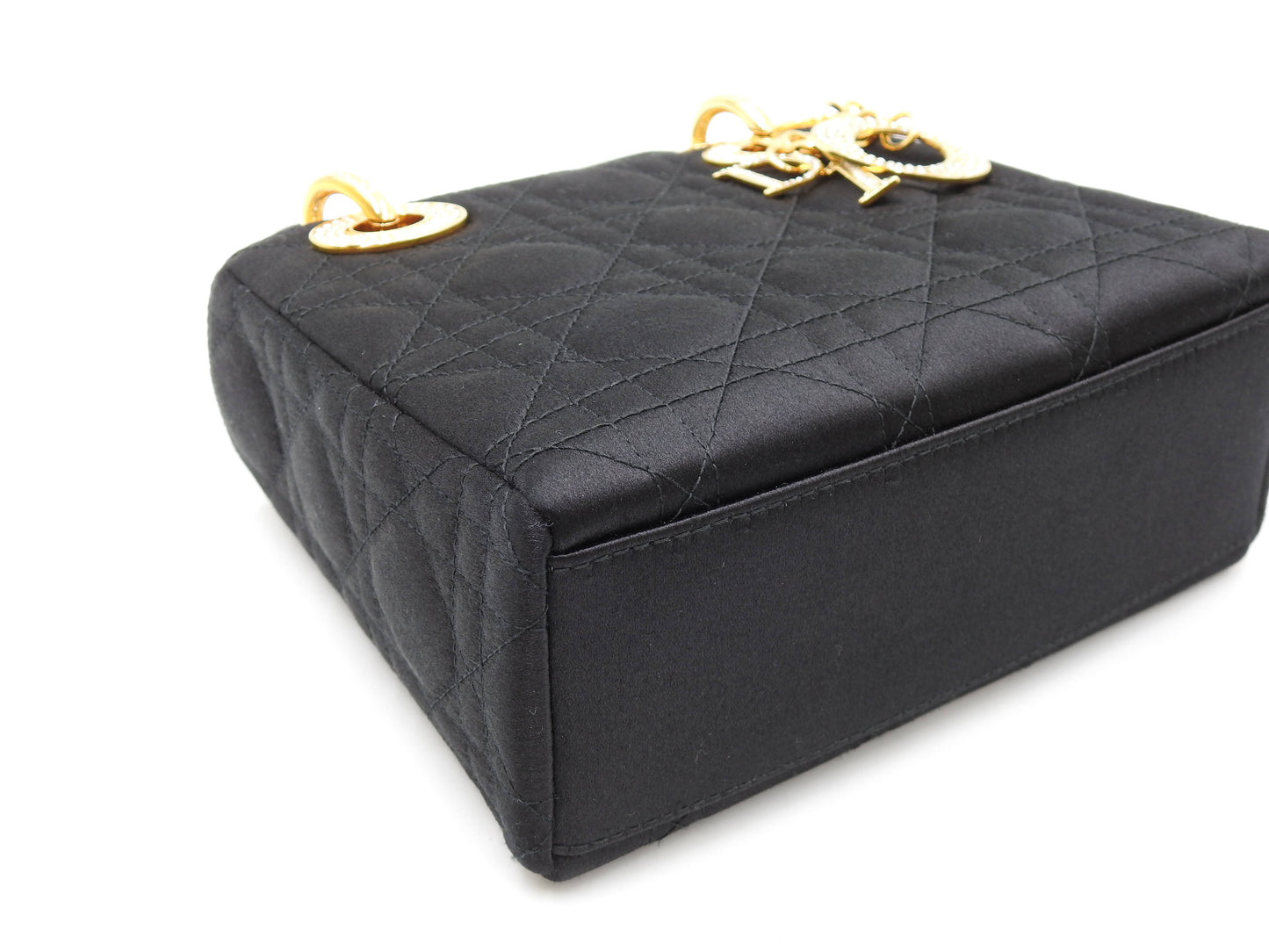 Christian Dior Lady Dior Mini Cannage Hand Bag Satin Crystal Black Gold