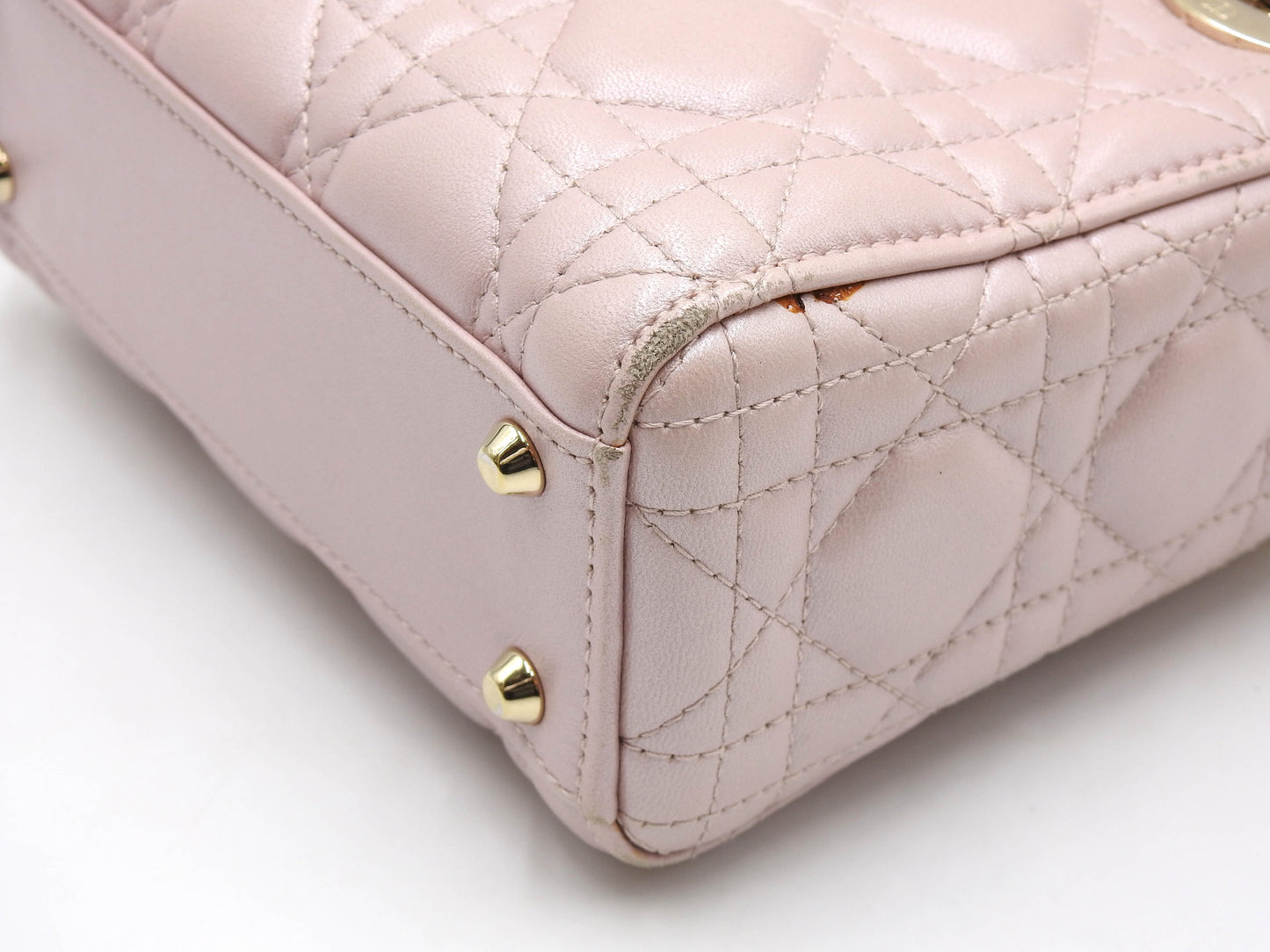 Christian Dior Lady Dior Mini Cannage Hand Shoulder Bag Lambskin Pink M0505