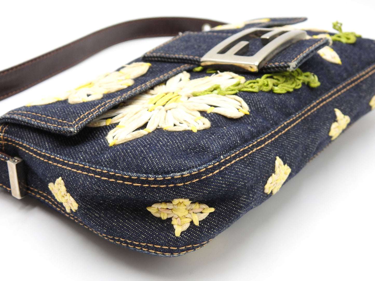 FENDI Denim Mamma Baguette Shoulder Hand Bag Flower Embroidered Navy