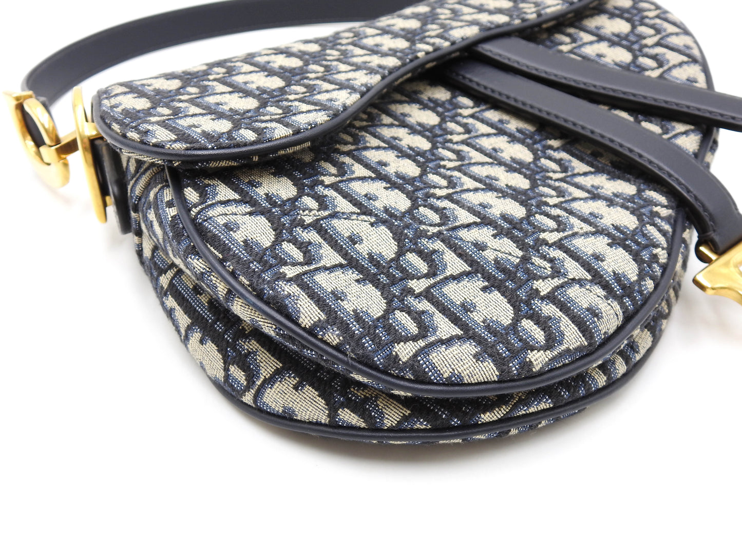Christian Dior Oblique Jacquard Saddle Bag Shoulder Hand Bag Leather Navy