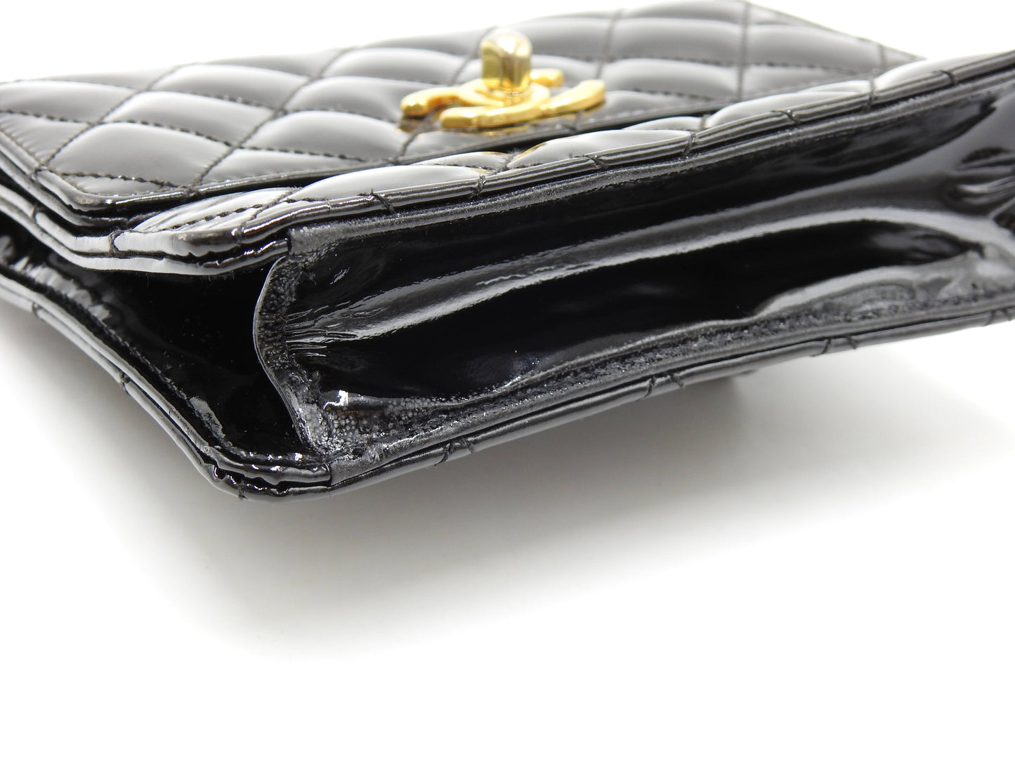 CHANEL CC Matelasse Mini Waist Belt Bag Enamel Patent Leather Black Gold