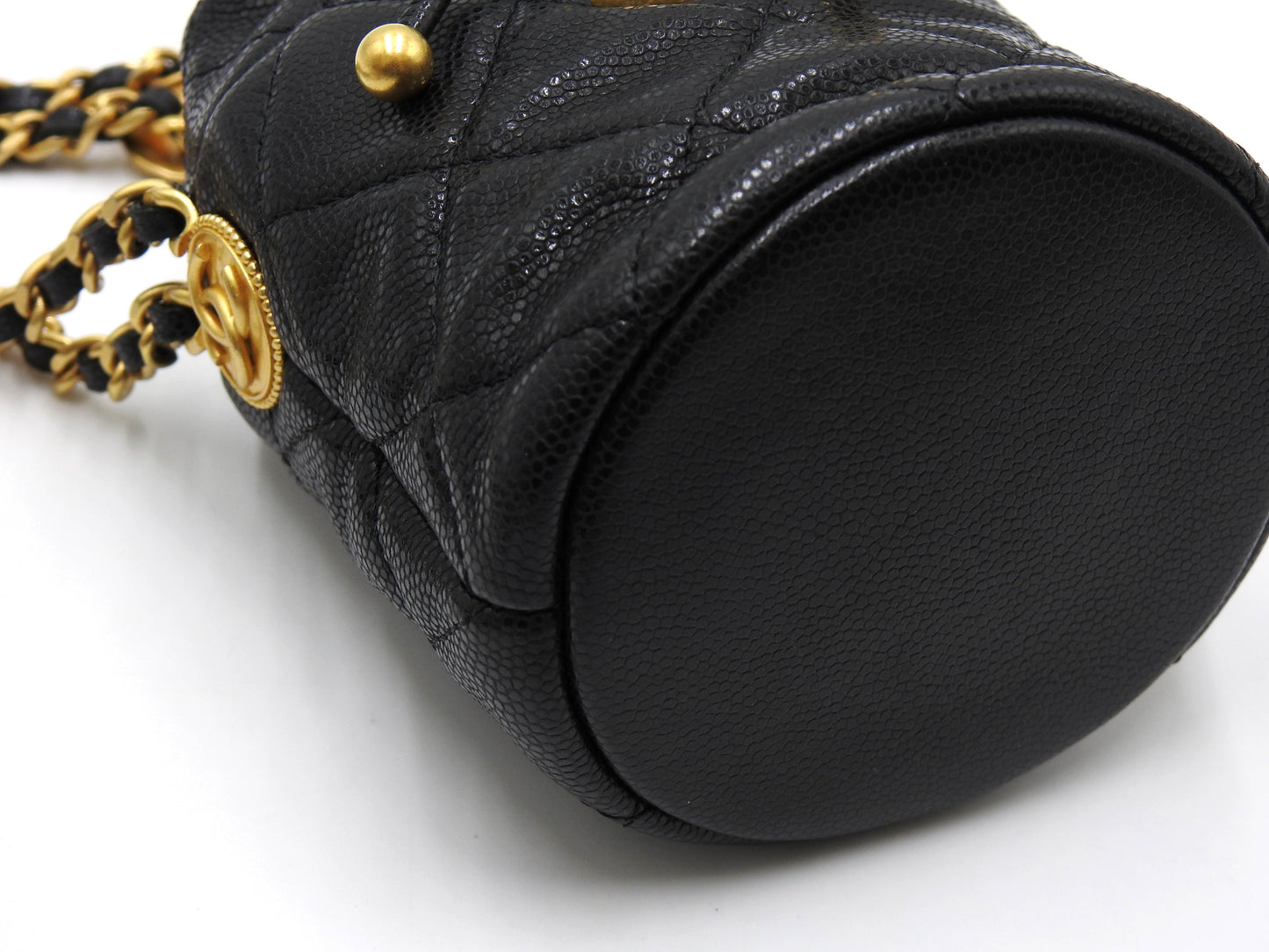 CHANEL CC Matelasse Mini Chain Bucket Shoulder Bag Caviarskin Black Gold