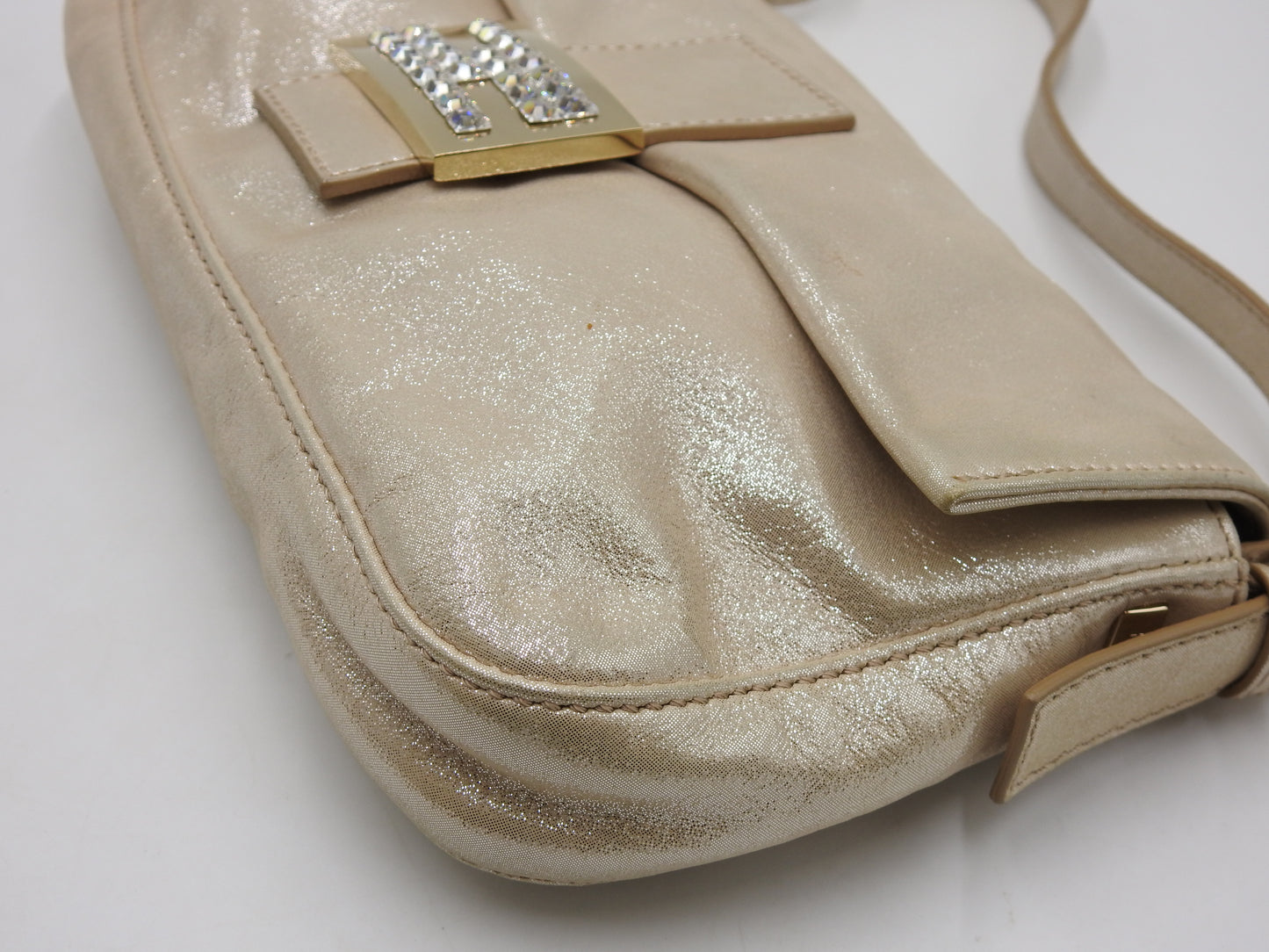 FENDI Crystal Mamma Baguette Shoulder Hand Bag Leather Beige Gold 8BR600