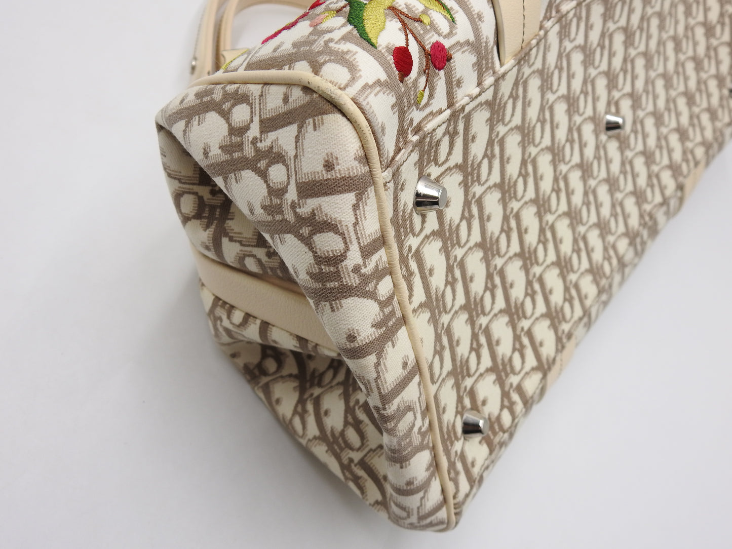 Christian Dior Trotter Embroidered Flower Tote Hand Bag Canvas Beige