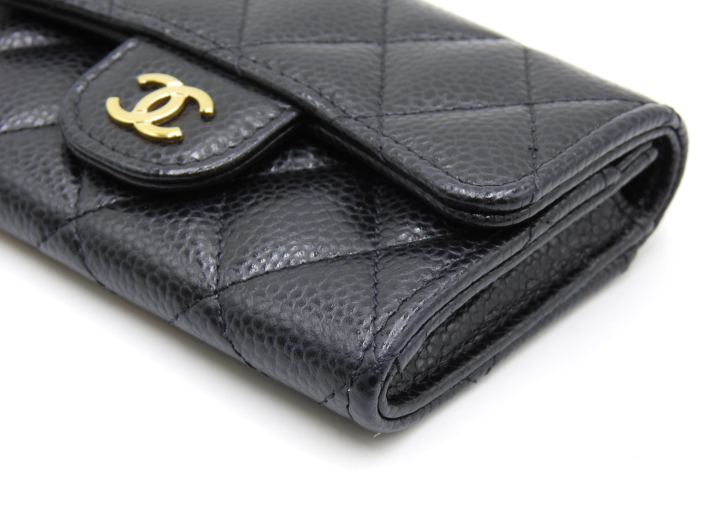 CHANEL CC Matelasse Card Case Holder Caviarskin Black Gold AP0214