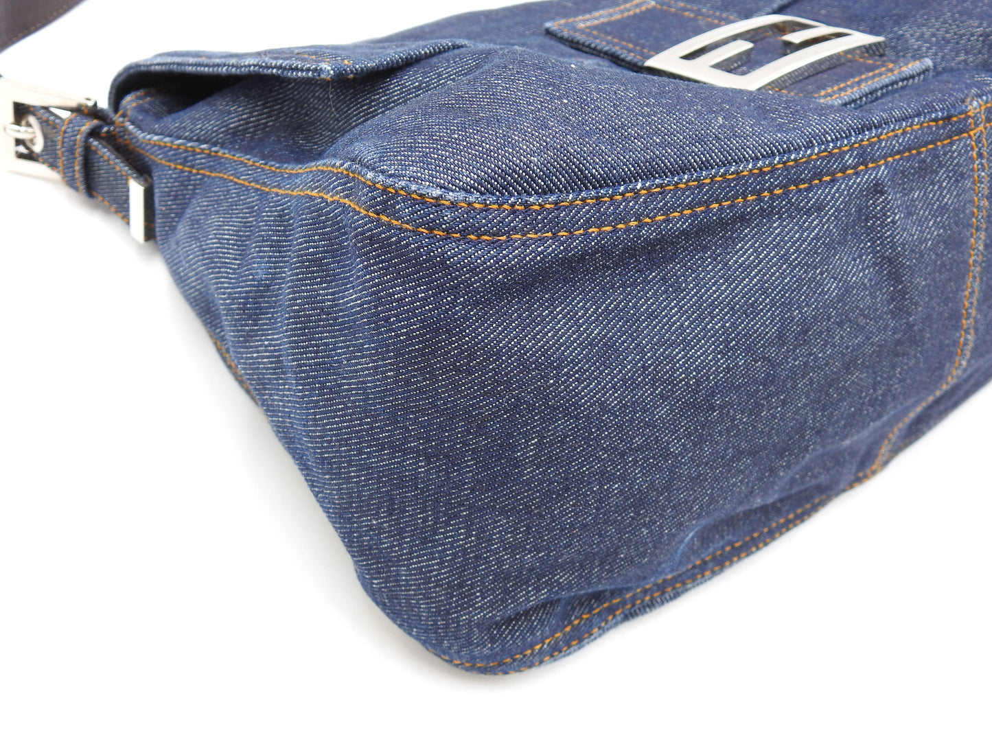 FENDI Mamma Baguette Shoulder Hand Bag Denim Navy Silver Hardware
