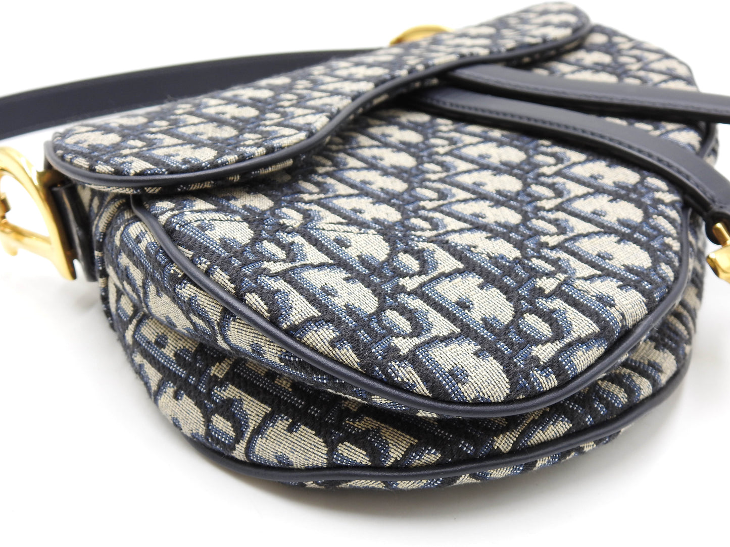 Christian Dior Oblique Jacquard Saddle Bag Shoulder Hand Bag Leather Navy