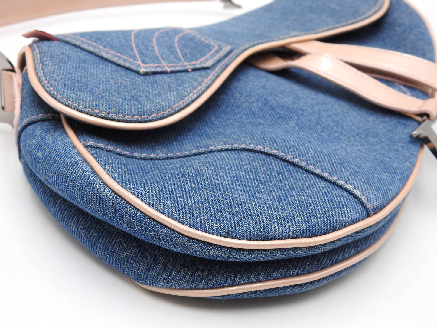 Christian Dior Saddle Bag Shoulder Hand Bag Denim Patent Leather Blue PInk