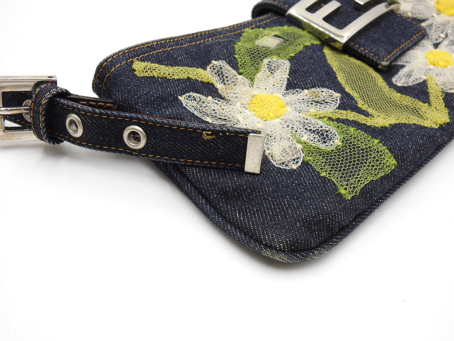 FENDI Denim Mamma Baguette Shoulder Hand Bag Flower Embroidered Navy