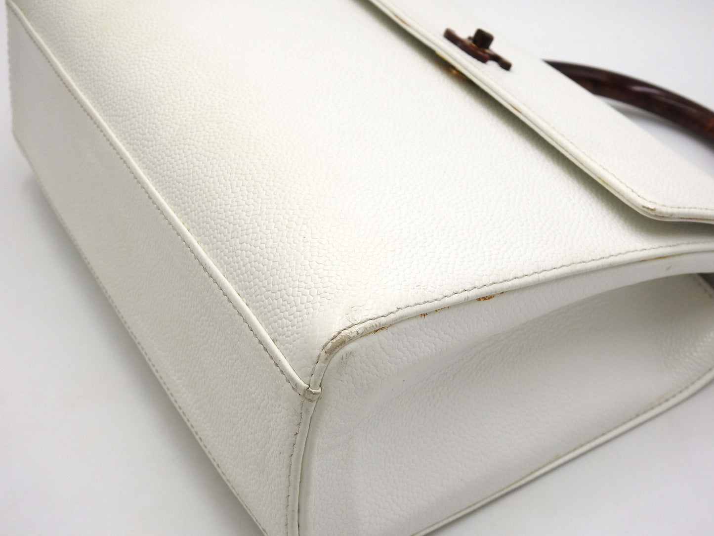 CHANEL CC Kelly Flap Wood Hand Bag Caviarskin Leather White