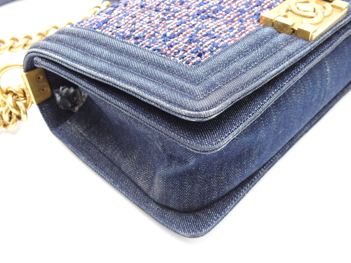 CHANEL Medium Boy Flap 25 Chain Shoulder Bag Denim Tweed Blue Gold A67086