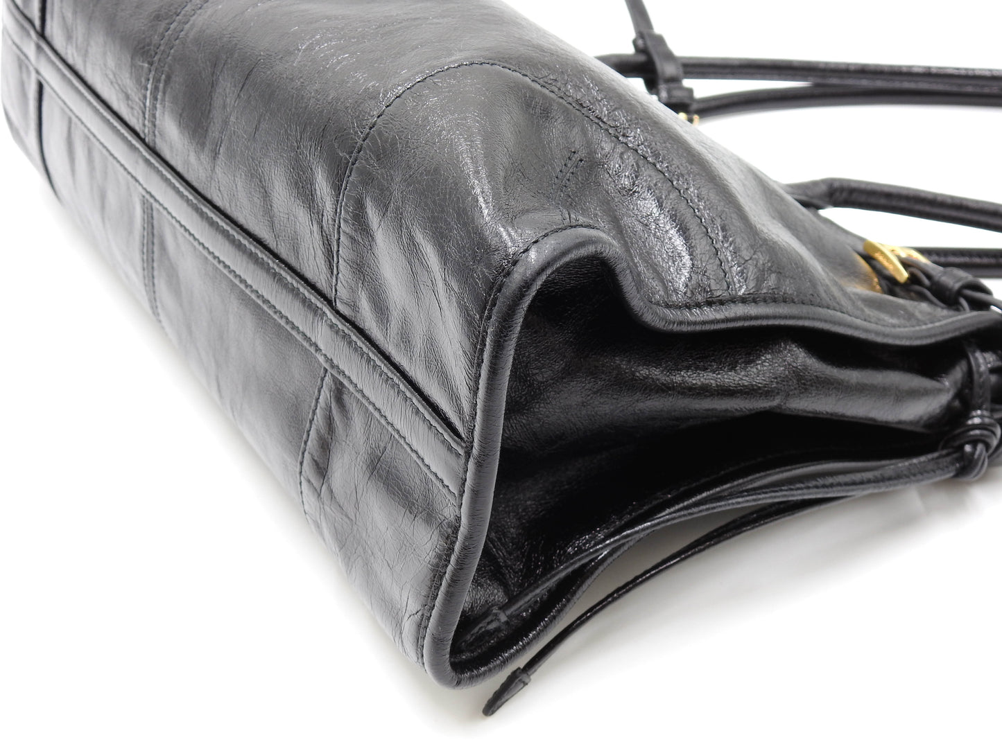 PRADA Bonnie Large 2way Shoulder Hand Bag Leather Black Gold Metal 1BA433