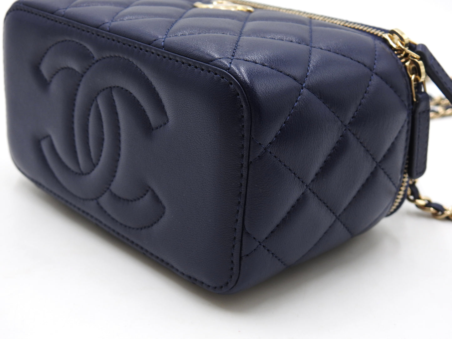 CHANEL CC Matelasse Top Handle 2way Chain Vanity Bag Lambskin Navy Gold