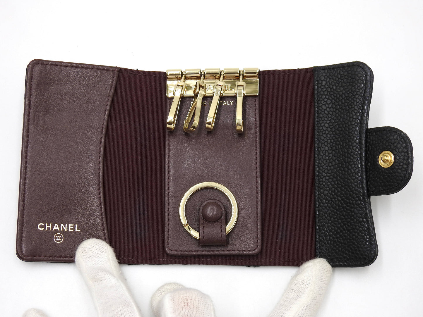 CHANEL CC Matelasse 4 Ring Key Holder Case Caviarskin Black Gold AP0222