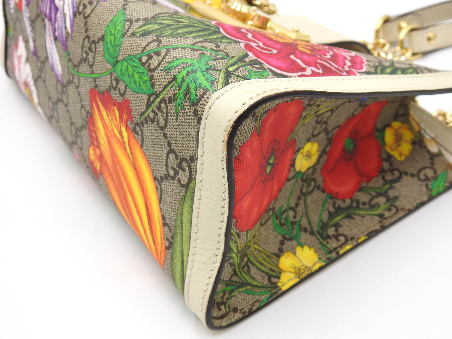 GUCCI GG Flora Supreme Padlock Small Tote Shoulder Bag Beige White 498156