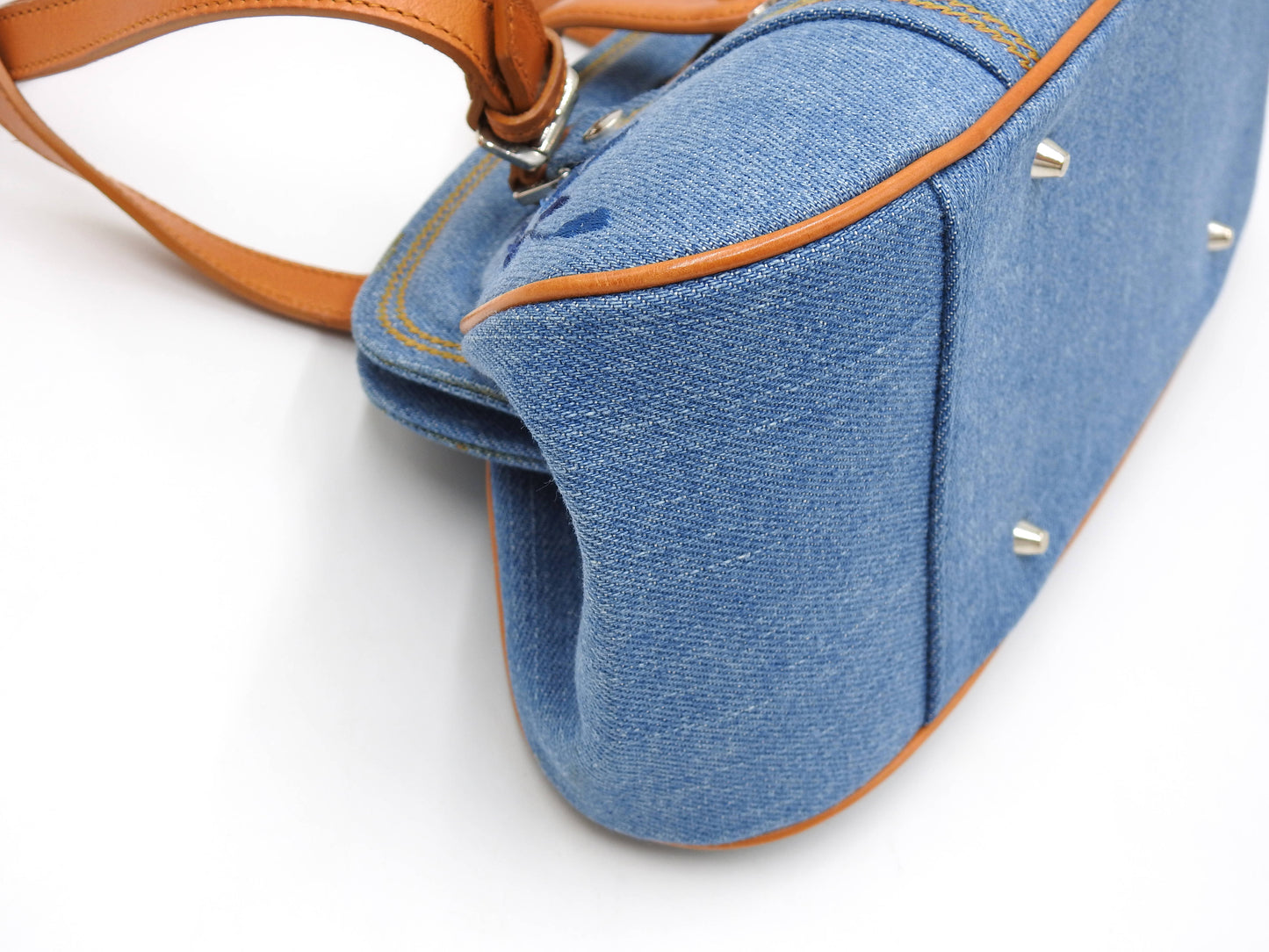 Christian Dior Denim Embroidered Flower Kiss Lock Hand Bag Blue Brown