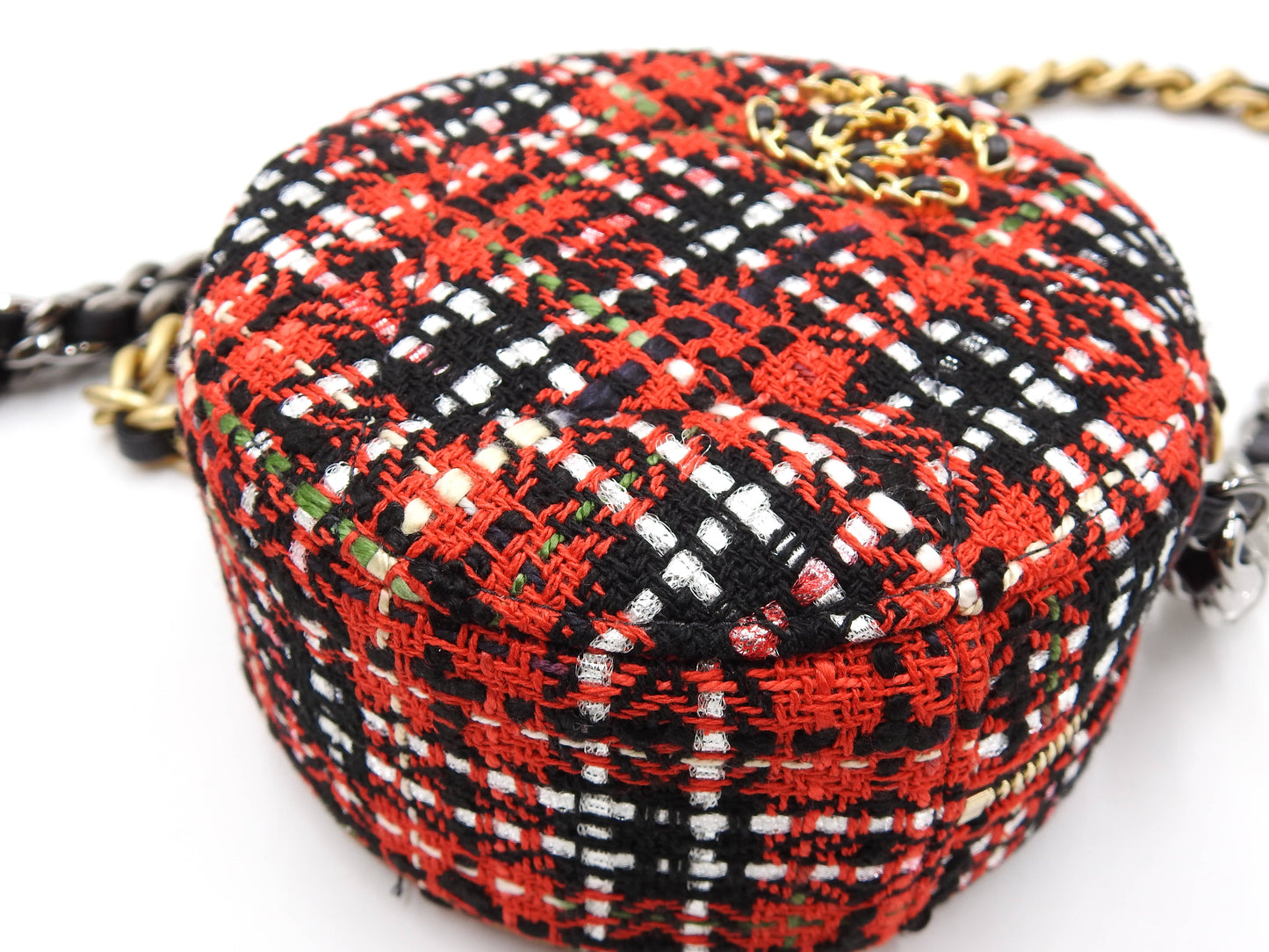 CHANEL 19 Round Chain Clutch Shoulder Bag Tweed Leather Red Black AP0945