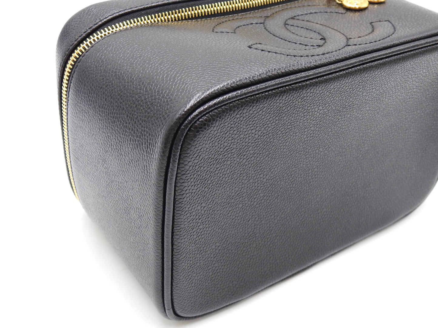 CHANEL CC Vanity Bag Cosmetic Pouch Caviarskin Leather Black Gold A08090