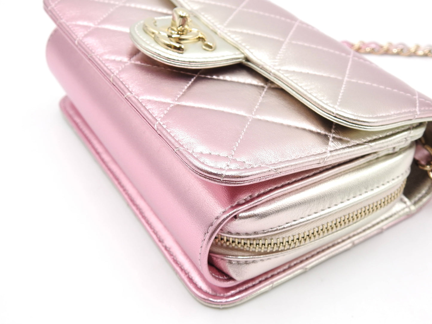 CHANEL Mini Flap Chain Shoulder Bag Lambskin Metallic Silver Pink AS3002