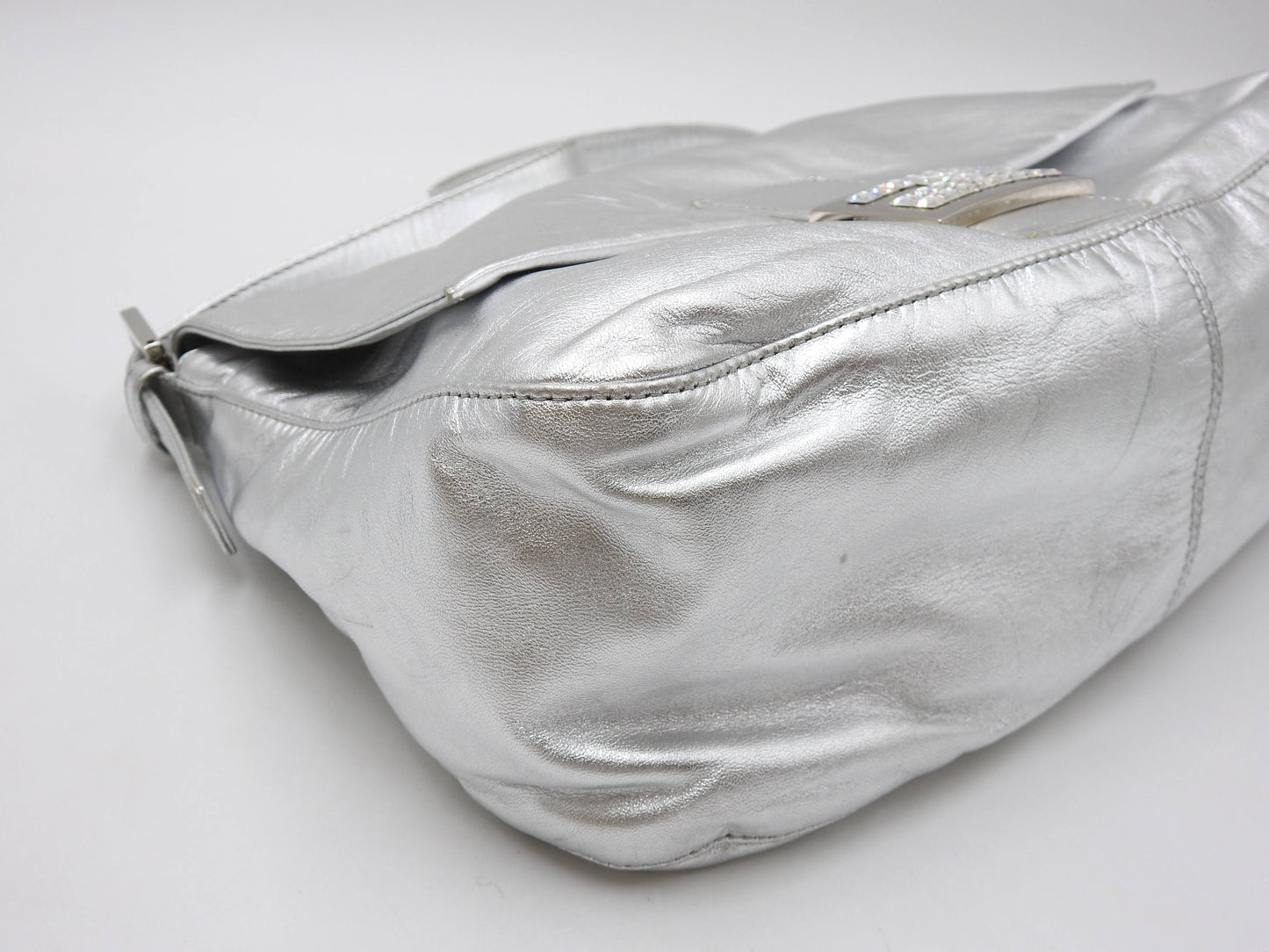 FENDI Mamma Baguette Shoulder Hand Bag Leather Rhinestone Silver
