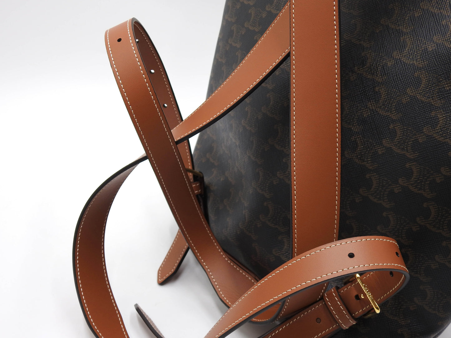 CELINE Triomph Folco Medium Backpack Bag PVC Canvas Tan Dark Brwon 197662
