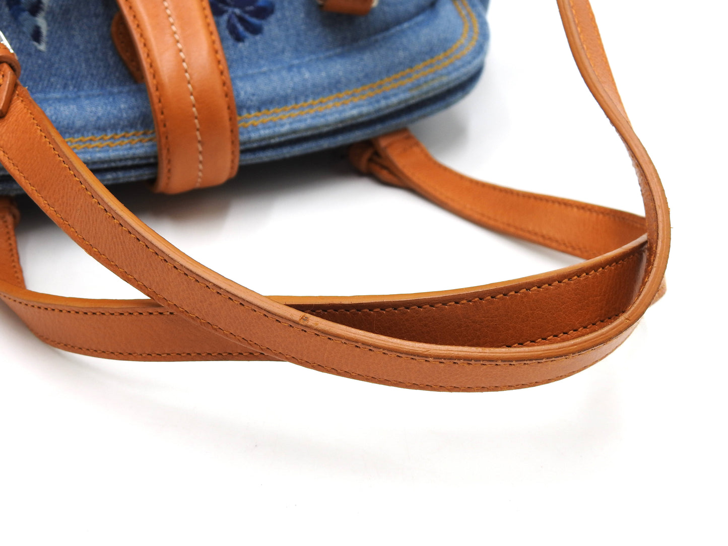 Christian Dior Denim Embroidered Flower Kiss Lock Hand Bag Blue Brown