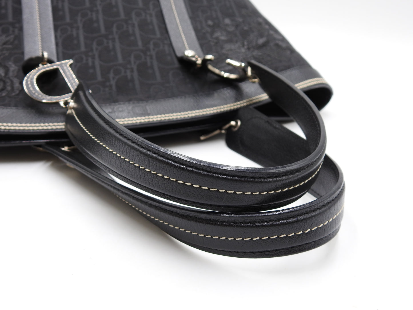 Christian Dior Trotter Flower Embroidery Shoulder Hand Bag Canvas Black