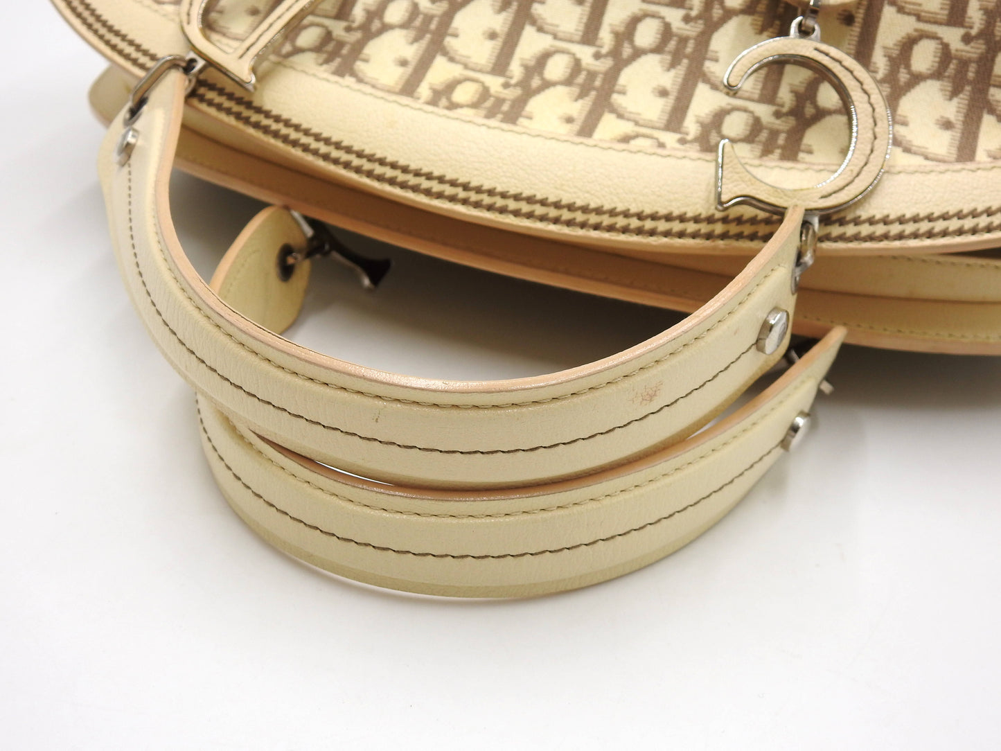 Christian Dior Trotter Embroidered Flower Hand Bag Canvas Leather Beige