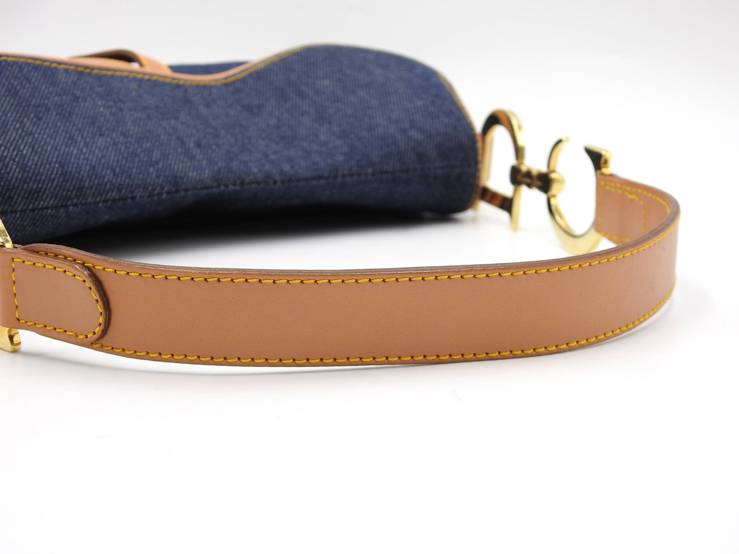 Christian Dior Saddle Bag Shoulder Hand Bag Denim Canvas Leather Navy Gold