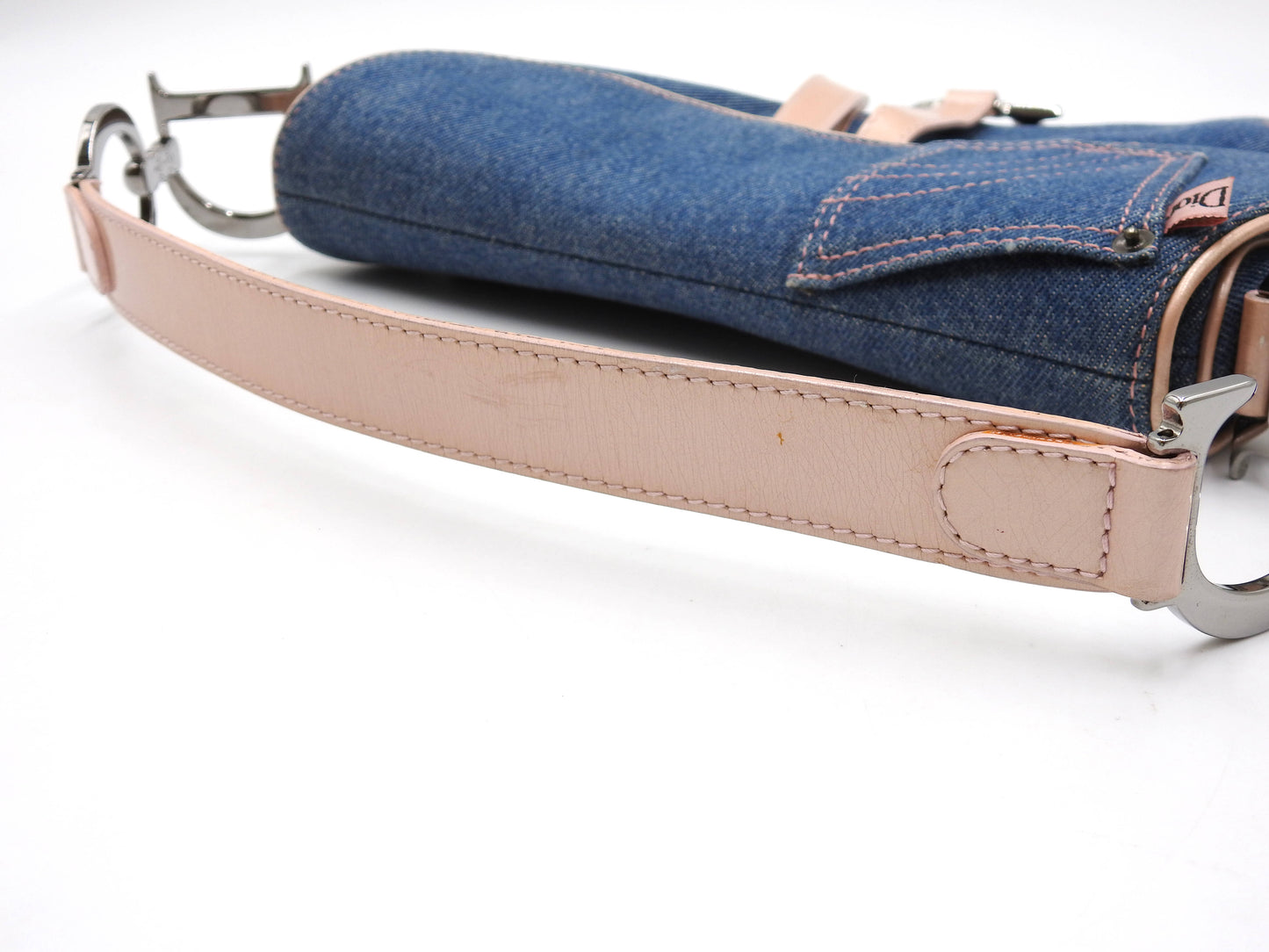 Christian Dior Saddle Bag Shoulder Hand Bag Denim Patent Leather Blue PInk