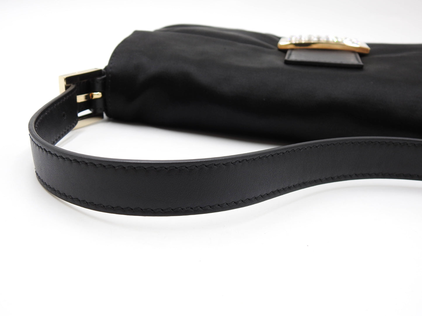 FENDI Mamma Baguette Shoulder Hand Bag Satin Leather Crystal Black 8BR600