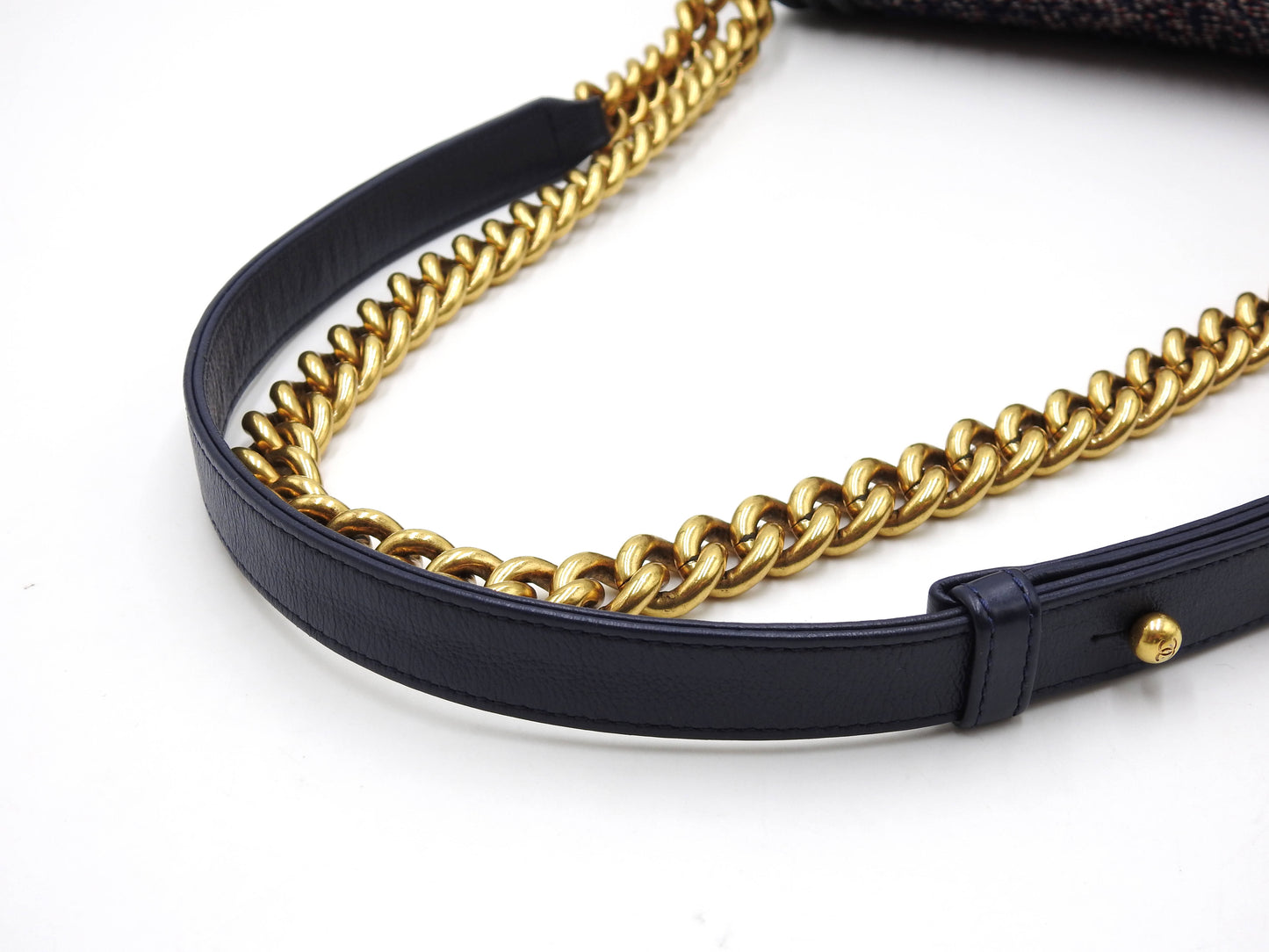 CHANEL Medium Boy Flap 25 Chain Shoulder Bag Denim Tweed Blue Gold A67086