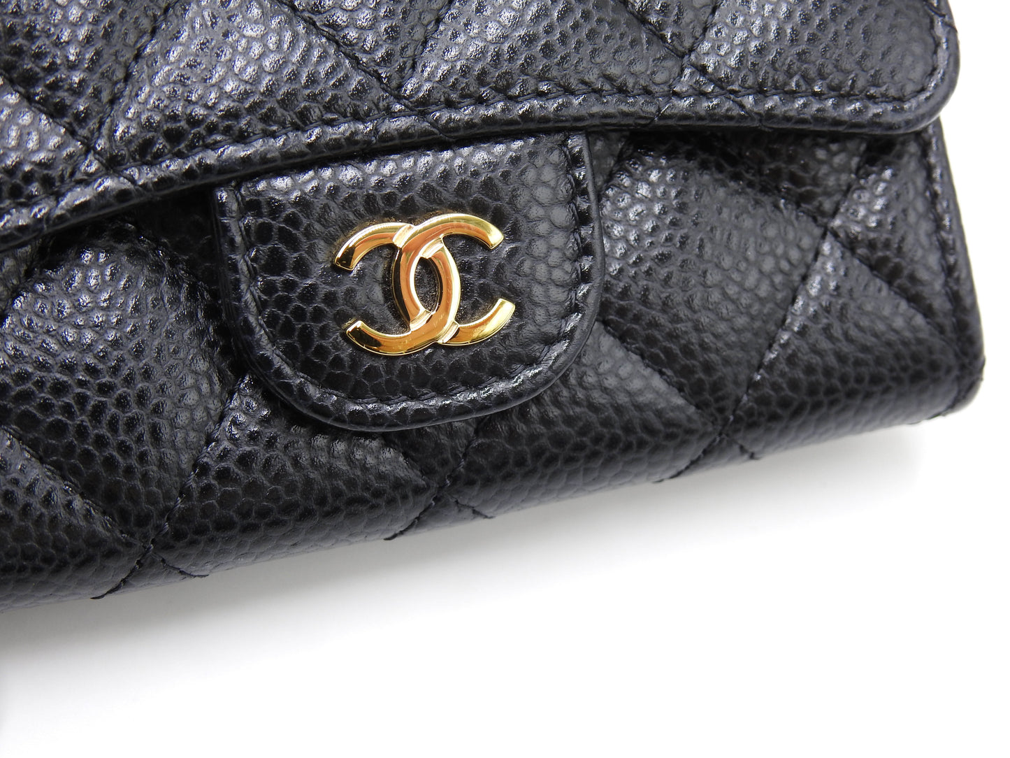 CHANEL CC Matelasse Card Case Holder Caviarskin Black Gold AP0214