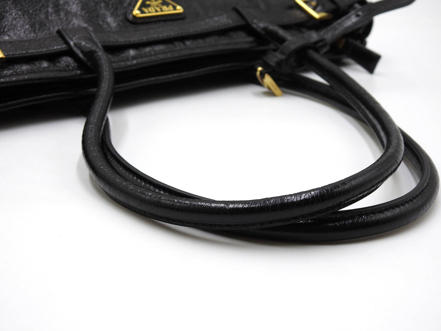 PRADA Bonnie Large 2way Shoulder Hand Bag Leather Black Gold Metal 1BA433
