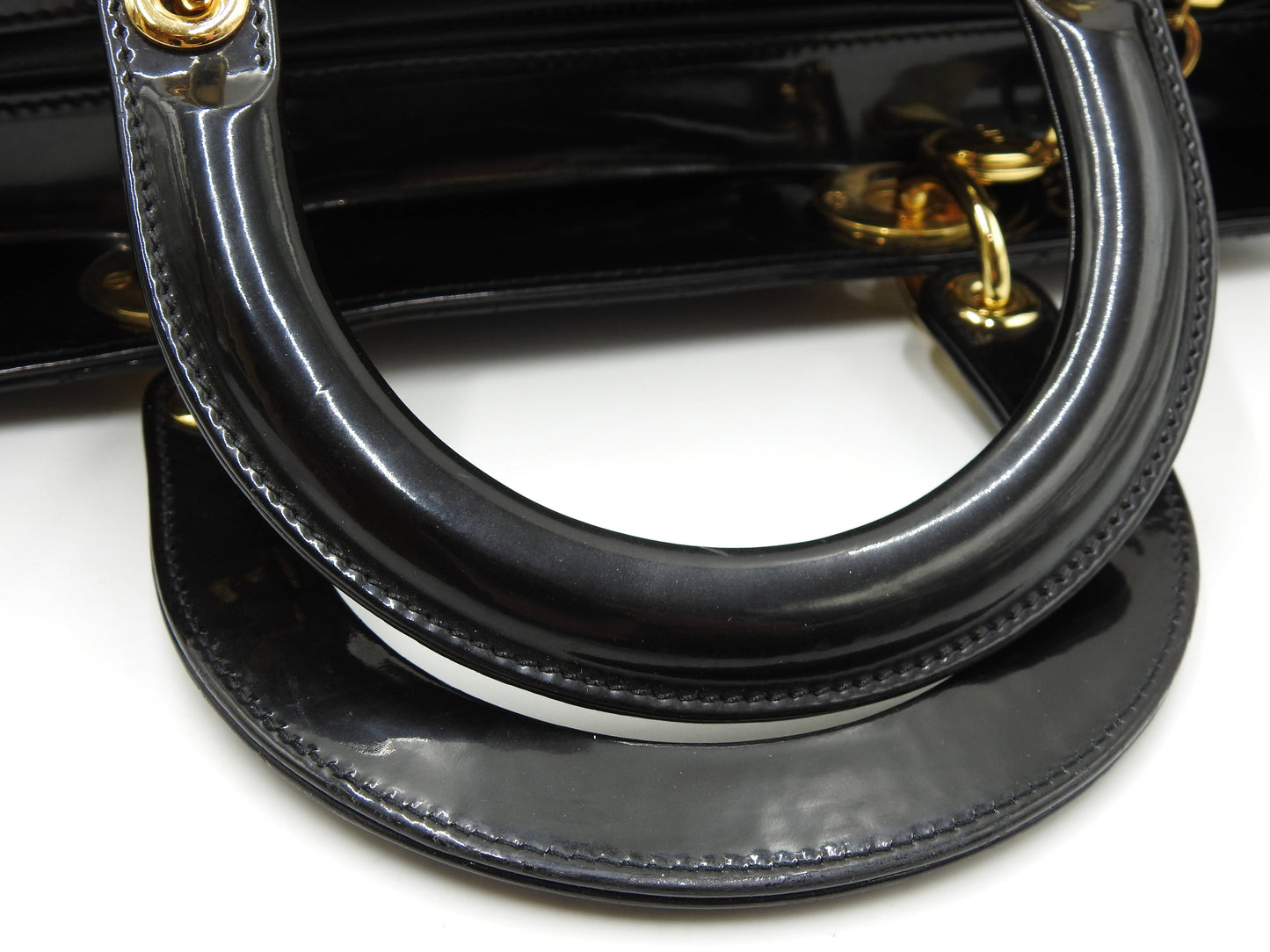 Christian Dior Lady Dior Large Cannage Hand Tote Bag Enamel Patent Leather