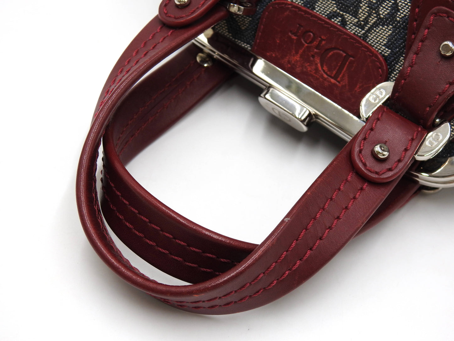Christian Dior Trotter Kiss Lock Mini Hand Bag Canvas Leather Navy Red