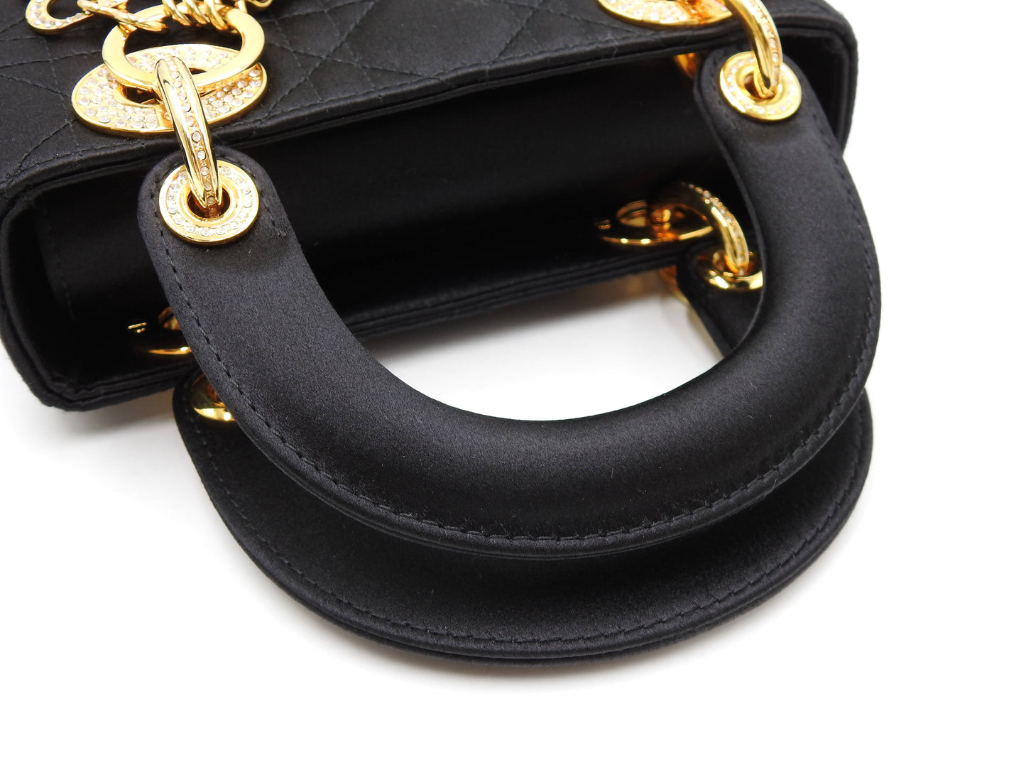 Christian Dior Lady Dior Mini Cannage Hand Bag Satin Crystal Black Gold