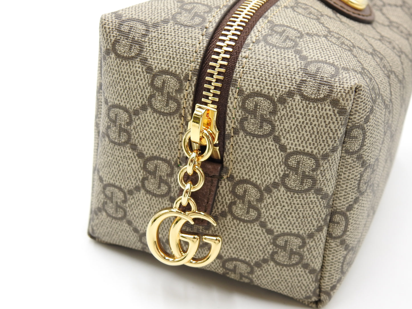 GUCCI GG Supreme Cosmetic Pouch PVC Leather Beige Brown Green 548393