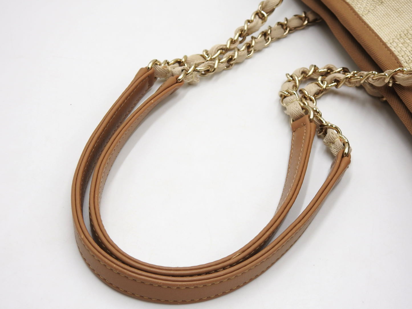 CHANEL Deauville MM Chain Tote Shoulder Bag Straw Canvas Beige Brown A67001