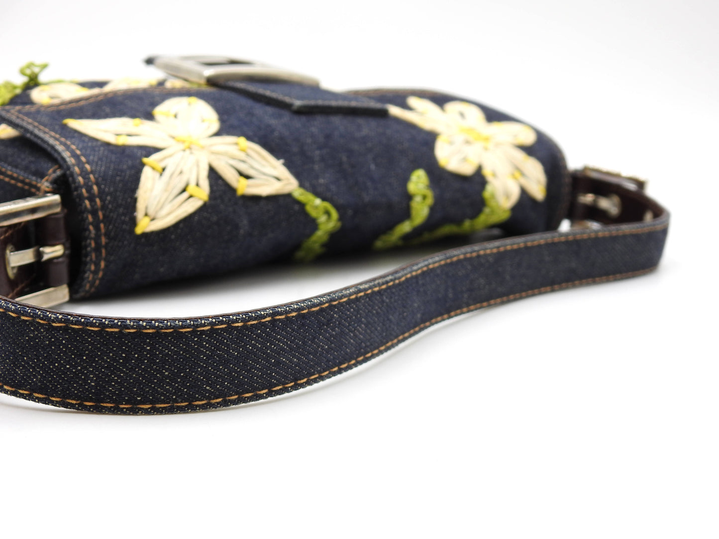 FENDI Denim Mamma Baguette Shoulder Hand Bag Flower Embroidered Navy